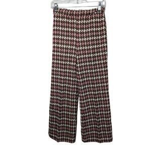 Vintage 60s 70s Wide Leg Pull On Trouser Pink Brown Houndstooth Size 8